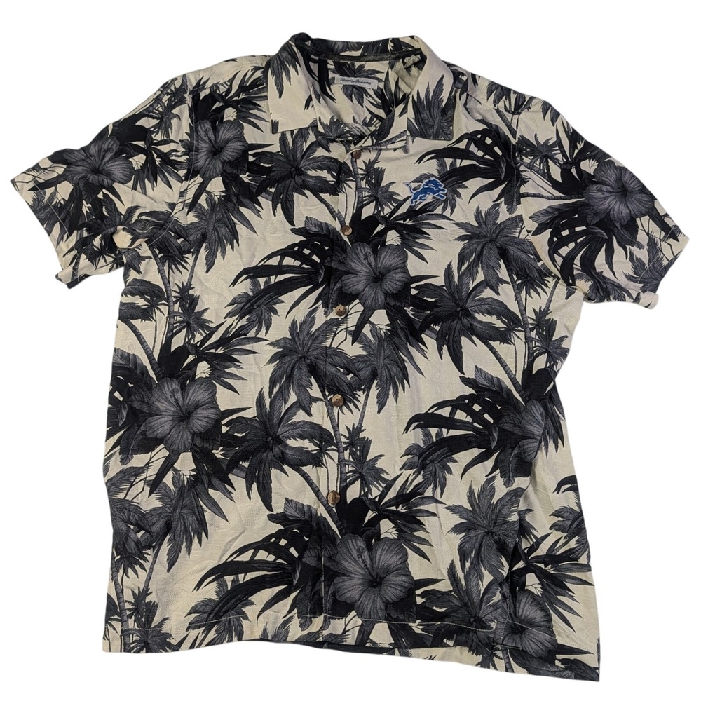 Tommy Bahama Detroit Lions 100% Silk Hawaiian Shirt XL Grey Cream Floral NFL